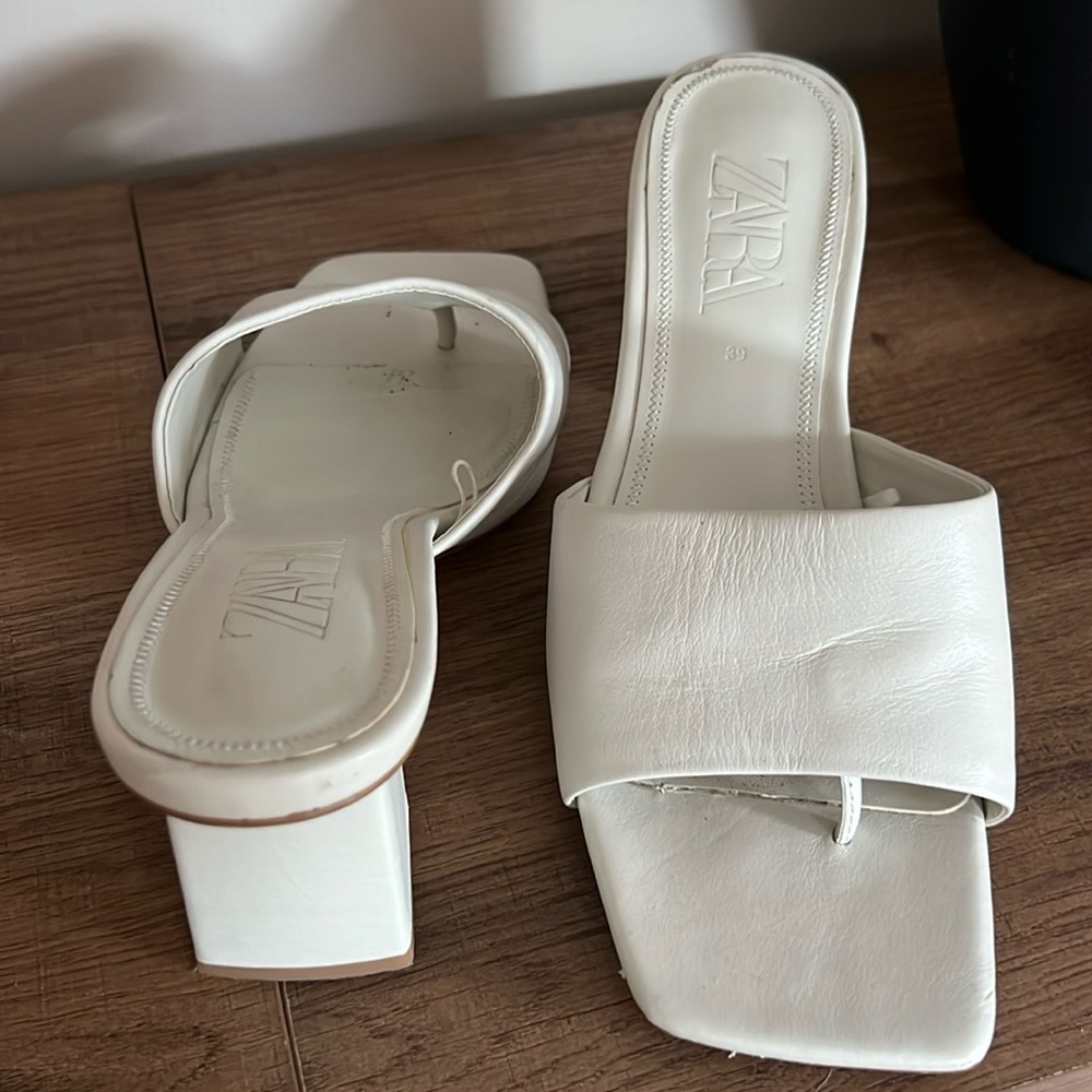 Zara White Block Heel Mules